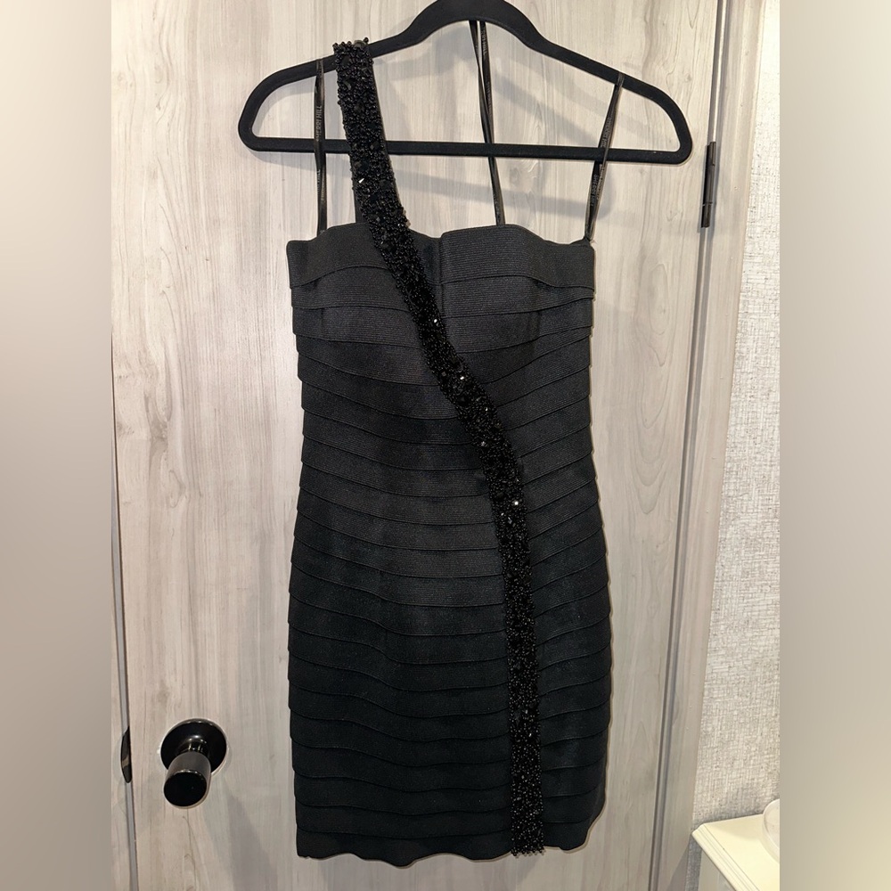 Sherri Hill Black One Shoulder Bandage Dress